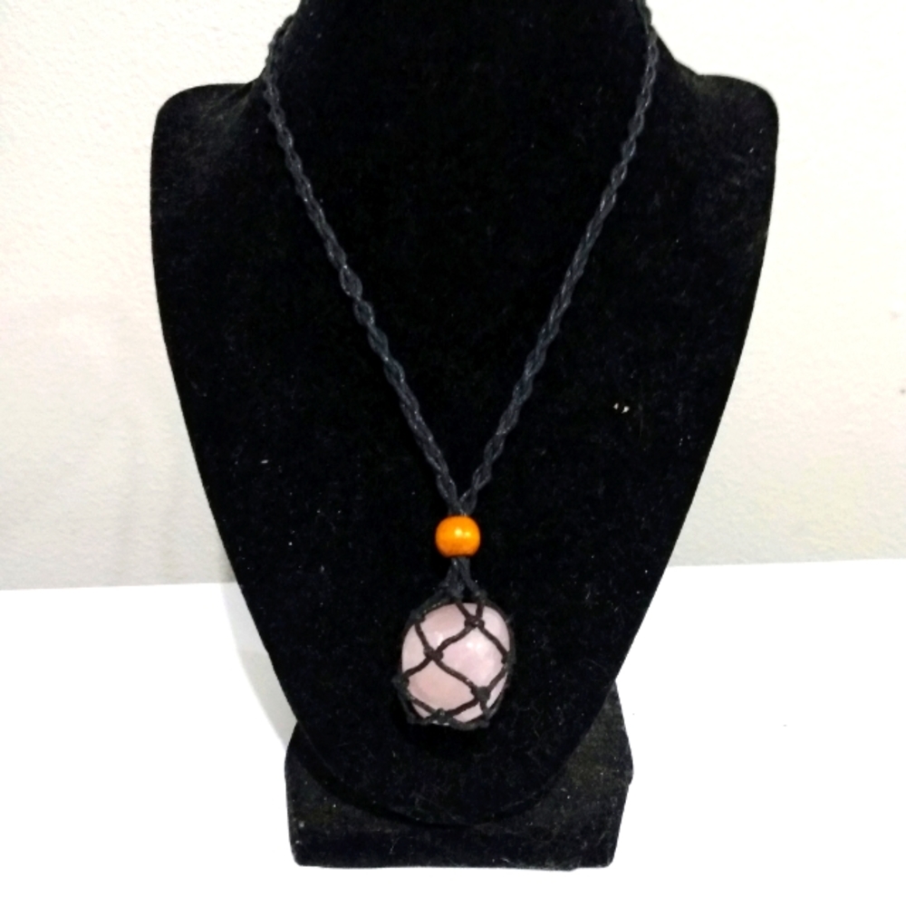 Handmade macrame necklace with tumbled pink Quartz crystal